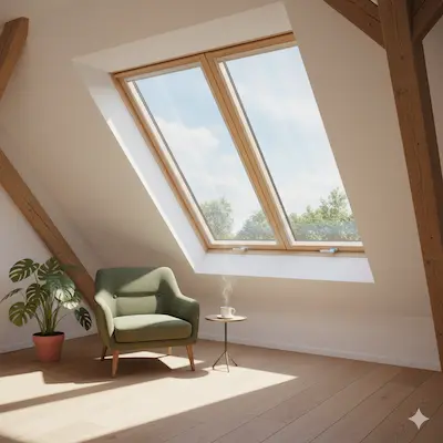 VELUX GLL 1061 wooden roof window, with 3 panes of glass and a top control bar.