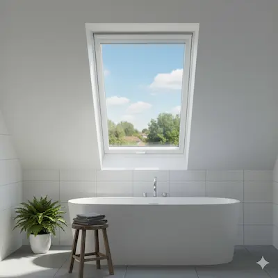 VELUX GLU 0061 white polyurethane roof window, 3 panes of glass, top operation in a bathroom.