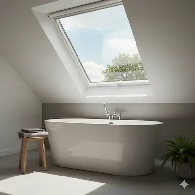 VELUX GLU 0061 B white roof window, 3 panes of glass, bottom operation in a bathroom.