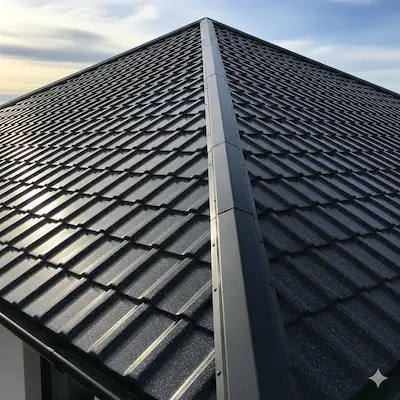 Practical roof with Daily metal tile, glossy Brilliant finish in brown color, sparkling discreetly in sun