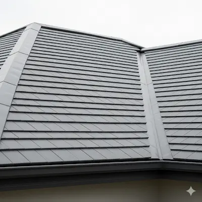 House with roof made of Daily metal tile with matte Fresco finish, in dark gray color