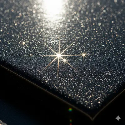 Close-up on Nobel Smart metal tile with Brilliant finish, with crystalline particles sparkling in sunlight