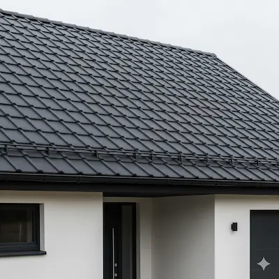 Modern roof with Nobel Smart metal tile with matte Fresco finish in anthracite color, on a day with diffused light
