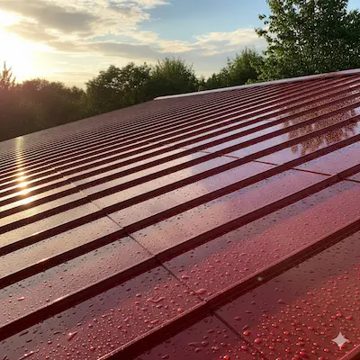 Detail with Nobel Smart metal tile with glossy Lustro finish, reflecting blue sky