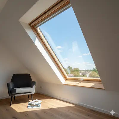 Fereastră de mansardă VELUX GZL 1051 B din lemn, cu operare de la bază.