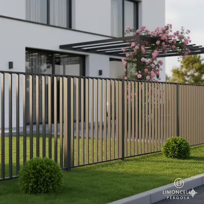Gard vertical modern Limoncello Pergola, de culoare bej-auriu cu stâlpi antracit, integrat armonios în fața unei case minimaliste cu grădină. Ilustează montajul ușor, rezistența la coroziune și disponibilitatea în multiple culori pentru un design personalizat și o protecție elegantă.